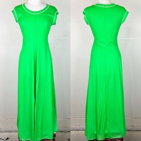 Vintage 70s Mod Lime Green Maxi Casual Summer Day Dress Secretary Flair Medium - Picture 1 of 5